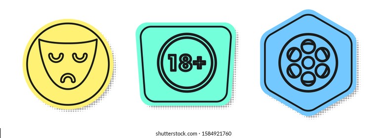 Set line Drama theatrical mask , Under 18 years and Film reel . Colored shapes. Vector