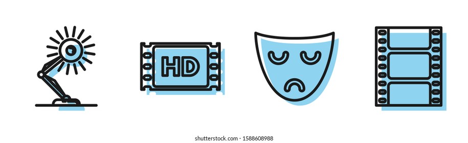 Set line Drama theatrical mask , Table lamp , 4k movie, tape, frame  and Play Video  icon. Vector