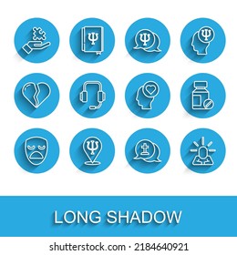 Set line Drama theatrical mask, Psychology, Psi, Solution to problem, Graves funeral sorrow, Depression, Psychologist online, Sedative pills and Broken heart divorce icon. Vector