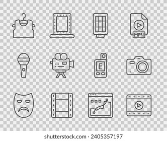 Set line Drama theatrical mask, Play Video, Softbox light, Sleeveless T-shirt, Retro cinema camera, Histogram graph photography and Photo icon. Vector