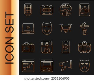 Set line Drama theatrical mask, Actor trailer, Gimbal stabilizer for camera, VFX, Comedy, Online play video, Softbox light and Drone flying icon. Vector