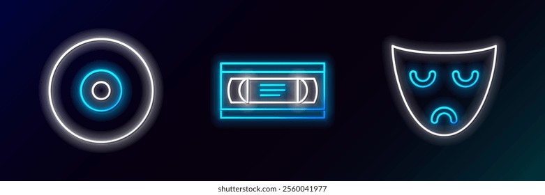 Set line Drama theatrical mask, CD or DVD disk and VHS video cassette tape icon. Glowing neon. Vector