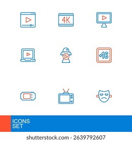 Set line Drama theatrical mask, Retro tv, Cinema ticket, Plus 16 movie, Online play video, Science fiction,  and 4k icon. Vector