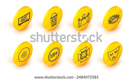 Set line Drama theatrical mask, Movie spotlight, Under 18 years, CD or DVD disk, Bang boom text speech bubble balloon, Carpet with barriers and star, Popcorn in cardboard box and  icon. Vector