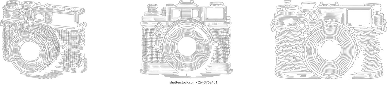 Set of line draw vector designs featuring retro camera front view detailed outline drawing in black, vintage style illustration perfect for photography