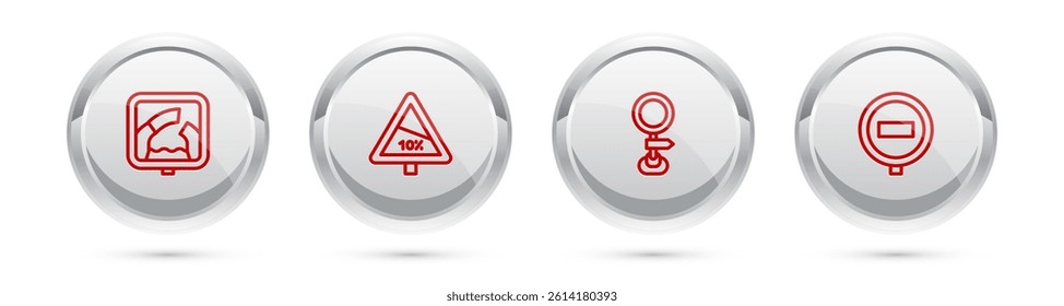 Set line Drawbridge ahead, Steep ascent and descent road, Road traffic sign and Stop. Silver circle button. Vector