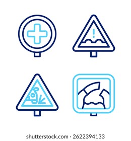 Set line Drawbridge ahead, Warning road sign, Uneven and Hospital traffic icon. Vector