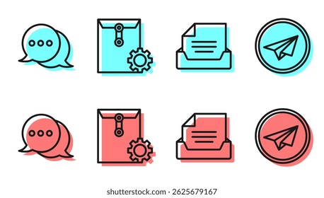 Set line Drawer with document, Speech bubble chat, Envelope setting and Paper plane icon. Vector