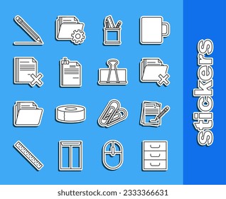 Set line Drawer with documents, Blank notebook and pencil eraser, Delete folder, Pencil case stationery, File binder clip, file, line and Binder icon. Vector