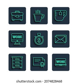 Set Line Drawer With Documents, Certificate Template, Laptop Text Work, Cup Of Tea Tea Bag, Time Is Money, Monitor, Briefcase And Envelope Icon. Vector