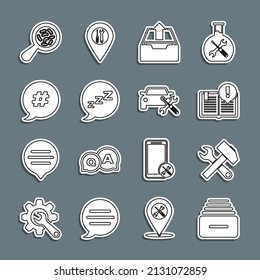 Set line Drawer with documents, Crossed hammer and wrench, Interesting facts, Upload inbox, Speech bubble snoring, Hashtag speech, Microorganisms under magnifier and Car service icon. Vector