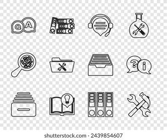 Set line Drawer with documents, Crossed hammer and wrench, Headphones speech bubble chat, Interesting facts, Question Answer, Folder service, Office folders and Exclamation icon. Vector