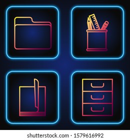 Set line Drawer with documents, File document, Document folder and Pencil case stationery. Gradient color icons. Vector