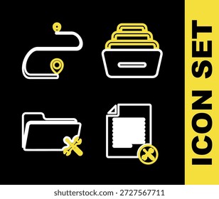 Establecer línea de cajón con documentos, servicio de archivos, carpeta y ruta icono de ubicación. Vector