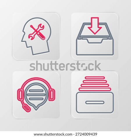 Set line Drawer with documents, Headphones speech bubble chat, Download inbox and Human head service icon. Vector
