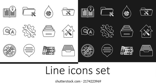 Set line Drawer with documents, House service, Dirty water drop, Wrench and gear, Question Answer, Interesting facts,  and Folder icon. Vector