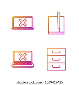 Set line Drawer with documents, Laptop and cross mark on screen, Laptop and cross mark on screen and File document. Gradient color icons. Vector