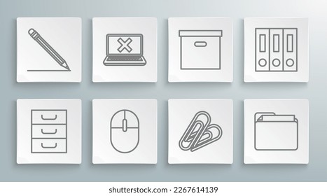 Set line Drawer with documents, Laptop and cross mark on screen, Computer mouse, Paper clip, Document folder, Carton cardboard box, Office folders papers and Pencil eraser line icon. Vector