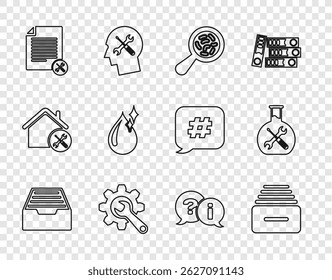 Set line Drawer with documents, Microorganisms under magnifier, Wrench and gear, File service, Clean water drop, Question Exclamation and Bioengineering icon. Vector