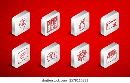 Set line Drawer with documents, Office folders, Clean water drop, Folder service, Bacteria, Location, Question and Exclamation and Hashtag speech bubble icon. Vector