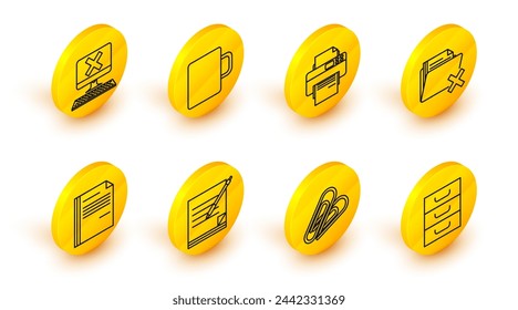 Set line Drawer with documents, Paper clip, Blank notebook and pen, File, Delete folder, Printer, Coffee cup and Computer keyboard x mark icon. Vector
