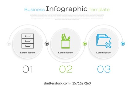 Set line Drawer with documents, Pencil case stationery and Delete folder. Business infographic template. Vector