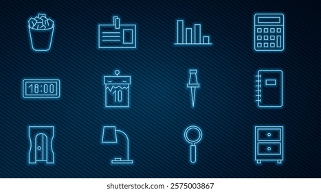 Set line Drawer with documents, Spiral notebook, Pie chart infographic, Calendar, Digital alarm clock, Full trash can, Push pin and Identification badge icon. Vector