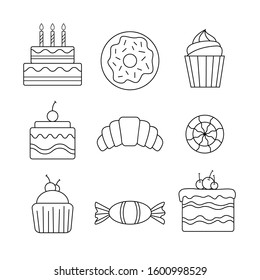 Set of line drawing bakery on white isolated background. Cake, donut, cupcake with cream, muffin with cherry, croissant, lollipop.