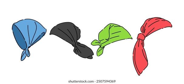 Set line drawing of  bandana, head scarf. Isolated on white background. Colored vector illustration.