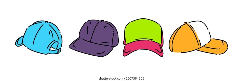 Set line drawing of baseball cap, trucker hat. Isolated on white background. Colored vector illustration.