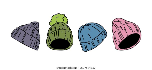 Set line drawing of beanie, winter hat. Isolated on white background. Colored vector illustration.