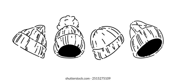 Definir desenho de linha de gorro, chapéu de inverno. Isolado no fundo branco. Ilustração vetorial.