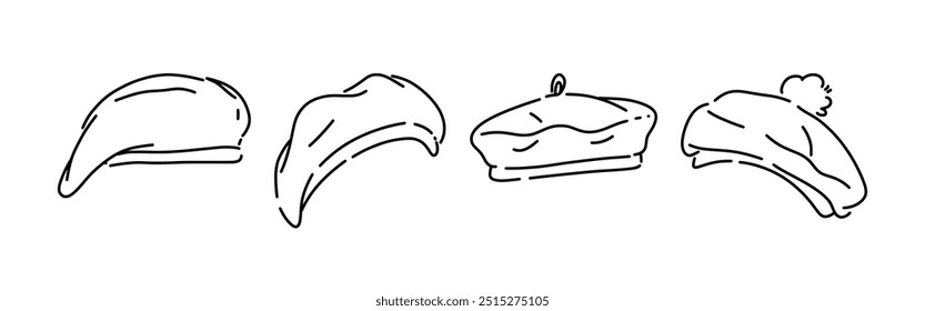 Definir desenho de linha de boina, artista, chapéu militar. Isolado no fundo branco. Ilustração vetorial.