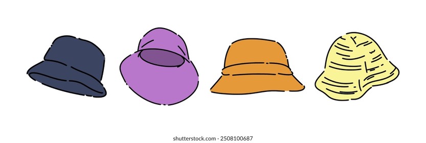 Set line drawing of bucket hat. Isolated on white background. Colored vector illustration.