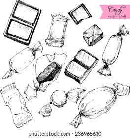 Set Of Line Drawing Candy, Sketch At White Background, Hand Drawn Design Elements