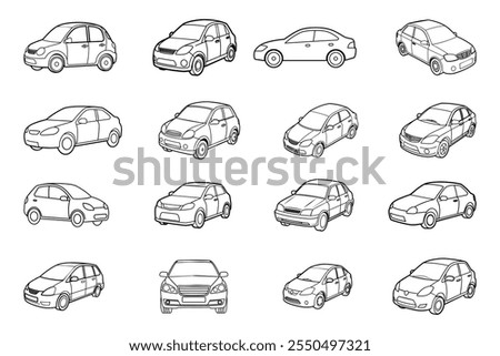 Set of Line Drawing of City Car: Stylish Line Art Illustrations
