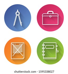 Set line Drawing compass, Briefcase, Exam paper with incorrect answers survey and Notebook. Color circle button. Vector