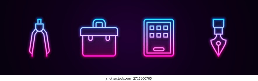 Brújula de dibujo, Maletín, Tableta gráfica y Pluma estilográfica. Icono de neón brillante. Vector