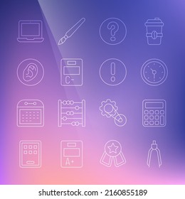 Set Line Drawing Compass, Calculator, Clock, Speech Bubbles With Question, Exam Paper Incorrect Answers, Ear Listen Sound Signal, Laptop And And Exclamation Icon. Vector