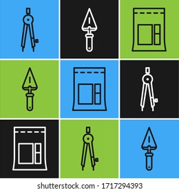 Establecer la brújula de dibujo de línea, la bolsa de cemento y el icono de trowel. Vector