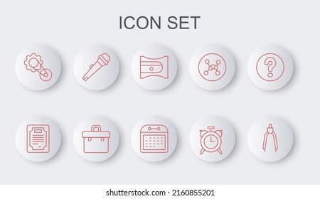 Set line Drawing compass, Certificate template, Pencil sharpener, Alarm clock, Timing belt kit, Microphone, Briefcase and Calendar icon. Vector