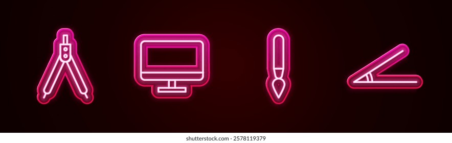 Set line Drawing compass, Computer monitor screen, Paint brush and Acute angle. Glowing neon icon. Vector