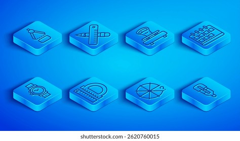 Set line Drawing compass, Crossed ruler and pencil, Scales, Protractor, Circle of pieces, Calendar, Wrist watch and Medical thermometer icon. Vector