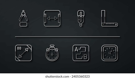 Set line Drawing compass, Diagonal measuring, Corner ruler, Route location, Stopwatch, Area measurement, Clock and Medical thermometer icon. Vector