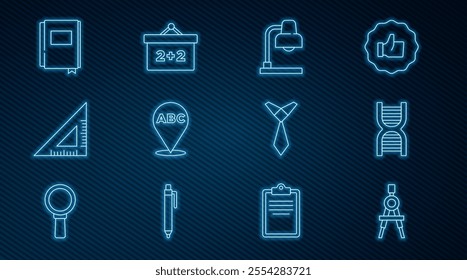Set line Drawing compass, DNA symbol, Table lamp, Alphabet, Triangular ruler, Book, Tie and Chalkboard icon. Vector