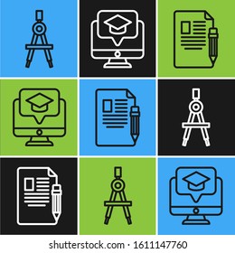 Set line Drawing compass, Exam sheet and pencil with eraser and Monitor with graduation cap icon. Vector