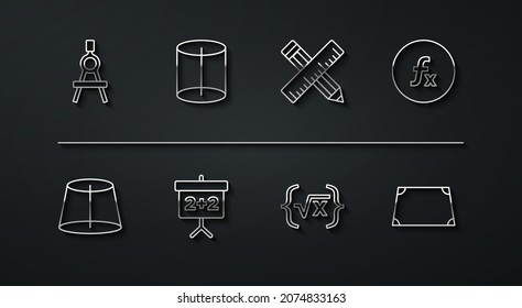 Set line Drawing compass, Geometric figure, Function mathematical symbol, Square root of x glyph, Chalkboard, Acute trapezoid shape and Crossed ruler and pencil icon. Vector