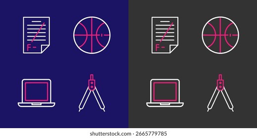Brújula de dibujo, computadora portátil, baloncesto y papel de examen con el icono de respuestas incorrectas. Vector