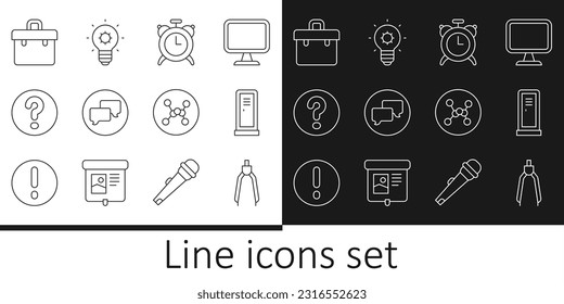 Set line Drawing compass, Locker or changing room, Alarm clock, Speech bubble chat, bubbles with Question, Briefcase, Chemical formula and Light bulb icon. Vector