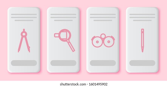Set line Drawing compass, Magnifying glass, Ringing alarm bell and Pencil with eraser. White rectangle button. Vector